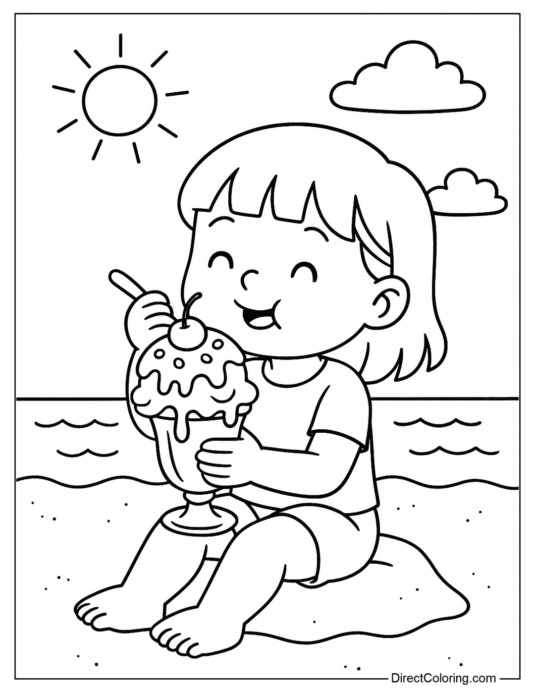 a beach coloring page with a little girl eating a big cup of ice cream with toppings, the ice cream is flowing down